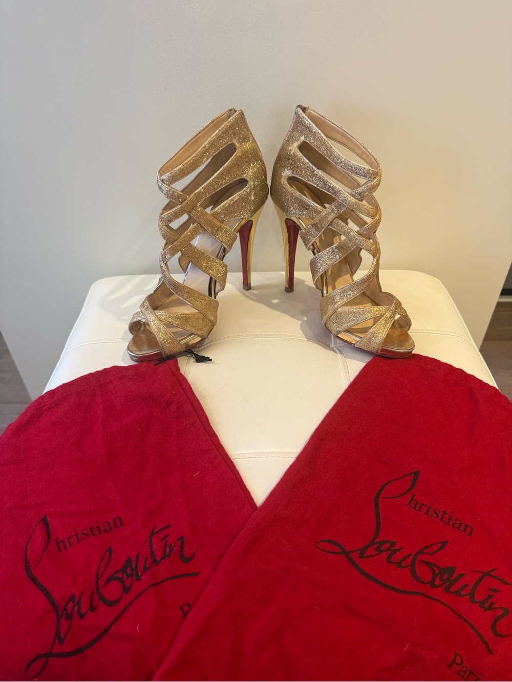 Christian Louboutin Gold Glitter Strappy High Heel Sandals